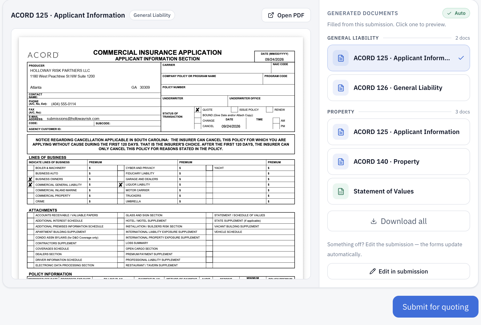 ACORD 125, the applicant information section, filled from the submission