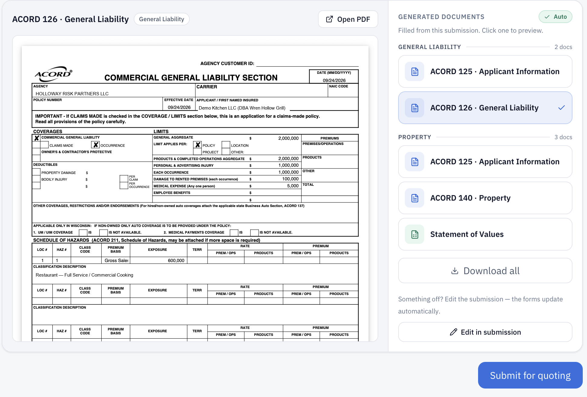 ACORD 126, the general liability section, filled from the submission